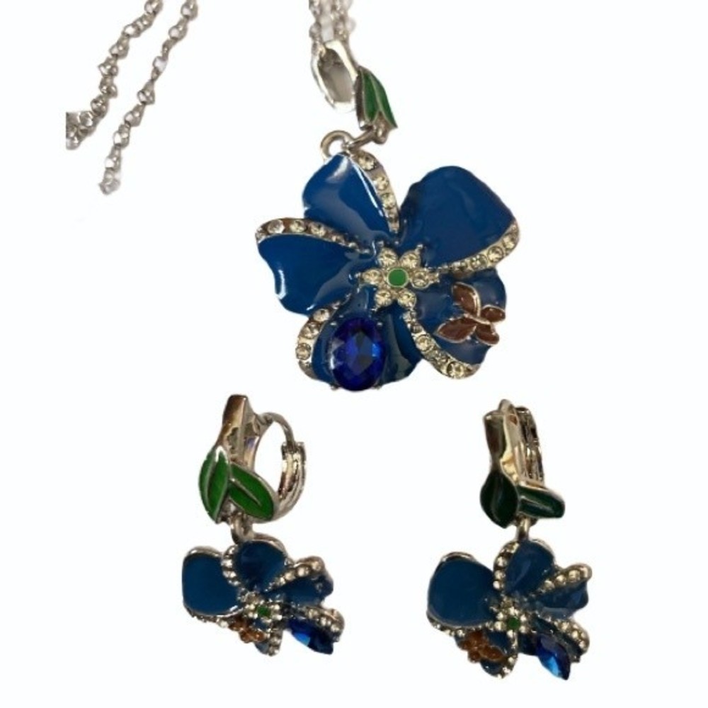Floral Enamel Butterfly Pendant Set Blue Crystal silver tone hoop closure blue